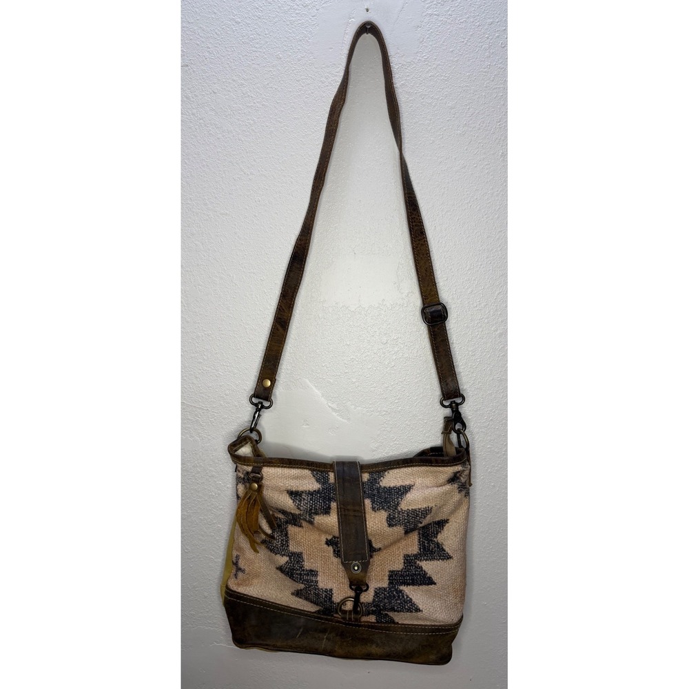 Myra Bag Southwestern Woven Rug Distressed Leather Crossbody Bag Yellow Canvas